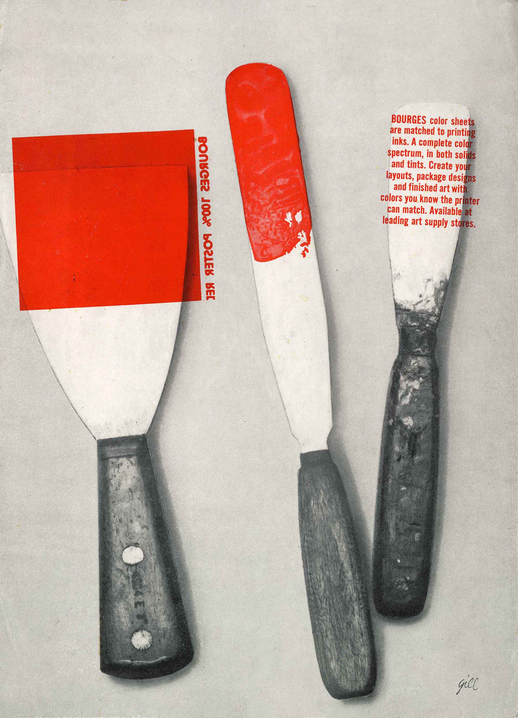 painting tools covered with red paint and red type